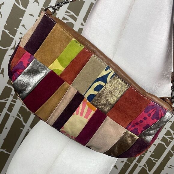 Fossil Patchwork Leather Suede Fabric Hobo Shoulder Bag Clutch - Picture 8 of 11